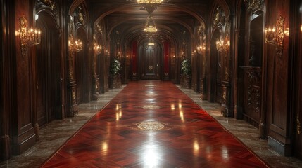 Fototapeta premium Luxurious hallway with ornate decor and polished wooden flooring.