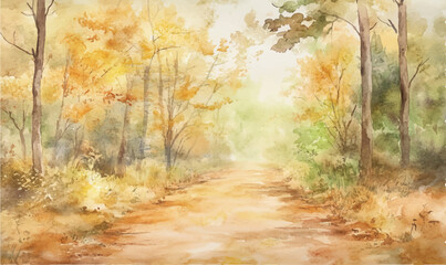 Fototapeta premium Watercolor Background of a Forest Path soft watercolor strokes in shades of brown, yellow, and green, evoking a walk through the woods in autumn 