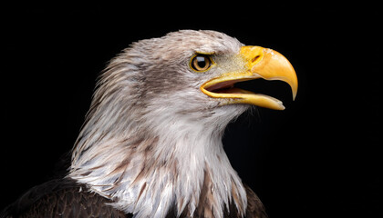 Obraz premium Close, detailed photograph of an adult Screaming Bald American Eagle against a black backdrop