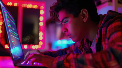 Obraz premium A teenager focuses on coding at a laptop, surrounded by colorful LED lights that create a lively atmosphere during night hours