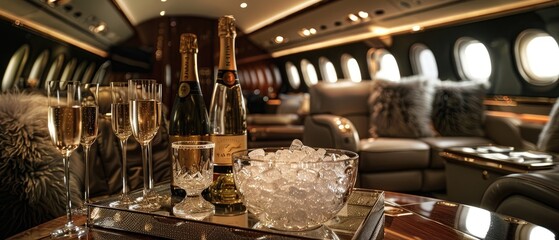 Fototapeta premium Luxurious private jet interior with champagne on a table, highlighting luxury travel and high-end lifestyle.