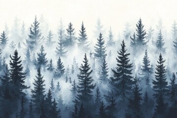 Enchanting Foggy Spruce Forest Seamless Pattern on White Background