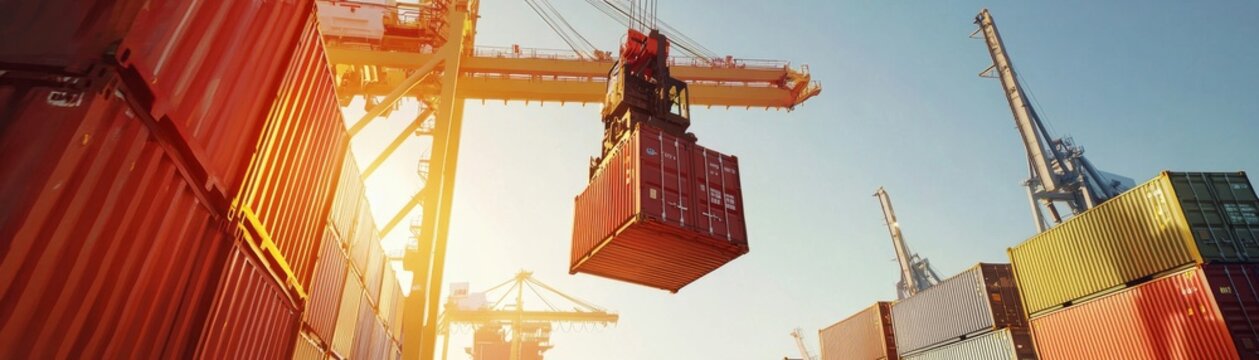 Industrial Might: Realistic Oil Painting of a Sunlit Reach-Stacker Lifting Container - Strength and Practicality Emphasized