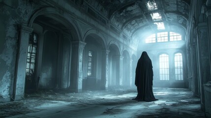 A dark figure stands in a haunting, abandoned building illuminated by ethereal light, evoking a sense of mystery and eerie beauty.