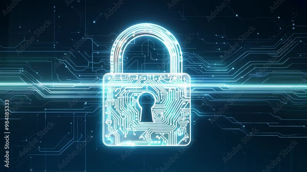 Aufkleber the metallic padlock represents data protection, set against a blue digital background filled with c