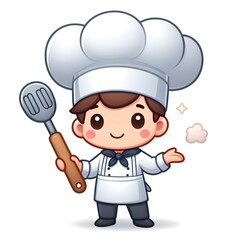 Isolated flat-style illustration of cute chef with spatula on wite background.

