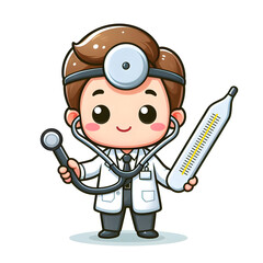 Fototapeta premium Isolated flat-style illustration of cute doctor with medical devices on wite background. 