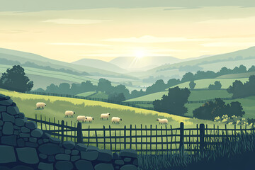 Illustration of Misty Morning in the Highlands with Rolling Green Hills and Stone Fences