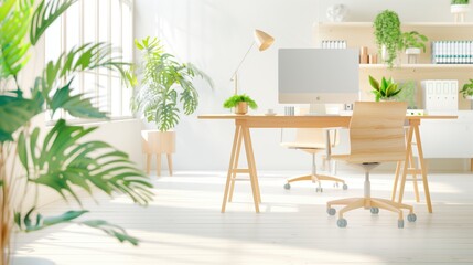 Fototapeta premium Modern Bright Home Office with Wooden Furniture and Green Plants.