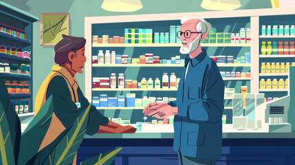 An elderly man discusses his medication needs with a pharmacist amidst shelves stocked with a variety of health products in a bright pharmacy