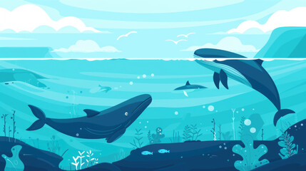 Obraz premium Whales glide through clear blue waters surrounded by diverse marine vegetation and playful fish, showcasing underwater beauty and serenity