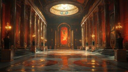 Obraz premium Grand, ornate hall with rich colors and dramatic lighting.