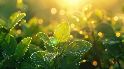 Golden sunrise illuminating dew-covered young green leaves. 