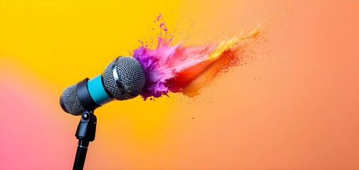 Microphone with artistic splashes, dynamic energy, creative expression, watercolor style