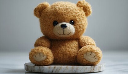 a stuffed bear on a marble surface. 