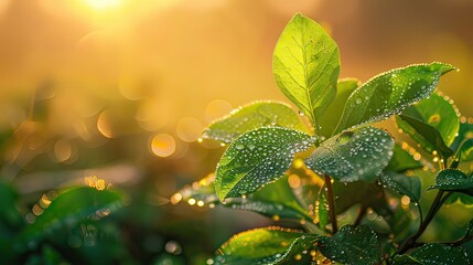 Golden sunrise illuminating dew-covered young green leaves. 