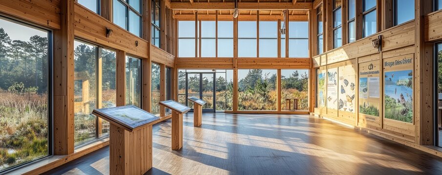 A sustainable wooden visitor center at a national park, with large windows for panoramic views and educational displays about local ecology