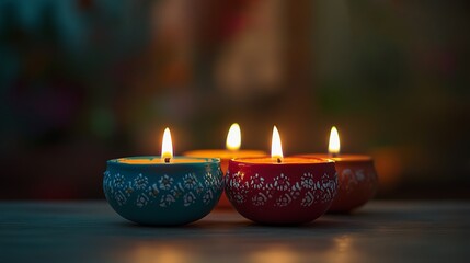 Burning Diwali diya oil lamps with flowers. Beautiful happy Diwali background. Indian festival of lights.