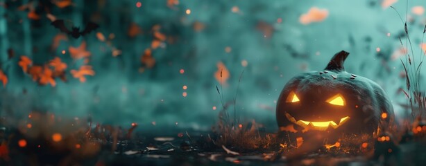 Spooky Halloween jack-o-lantern glowing in dark forest setting with autumn leaves. eerie atmosphere