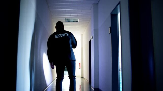 Security Guard Standing In Corridor Of The Building
