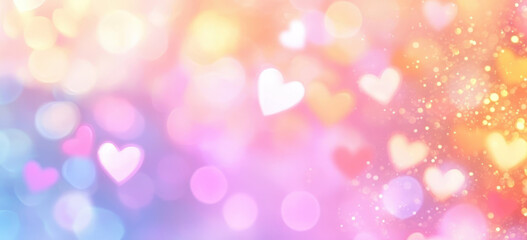 Soft pastel-colored background with glitter and bokeh heart shapes creating a dreamy, romantic atmosphere