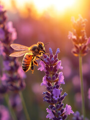 Fototapeta premium Bee on lavender flower during sunset