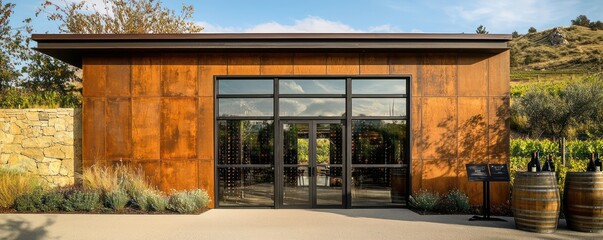 A vineyard tasting room with exterior walls made from durable, wine-stain-inspired fiber cement siding, reflecting the rich hues of the wines produced within