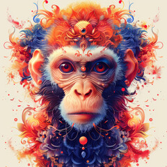 A bright blue monkey with a floral red crown on his head. The concept of the sign of the eastern horoscope is a monkey. A mystical avatar. The astrological sign of the Chinese zodiac