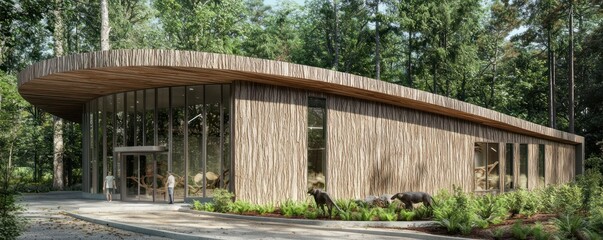 A wildlife rehabilitation center with a natural, bark-like fiber cement siding, designed to blend into the forest environment and minimize stress for the animals being rehabilitated