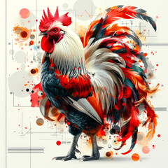 Fototapeta premium A handsome rooster with white-red-black plumage. The sign of the eastern horoscope is a Rooster. The astrological sign of the Chinese zodiac is the Mystical Rooster