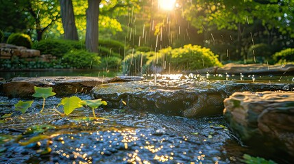 Naklejka premium A tranquil garden scene at sunrise with water slowly trickling on fresh leaves. 