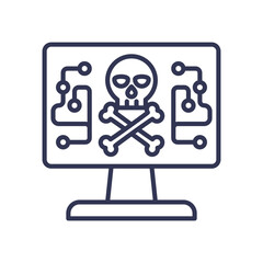 A computer monitor displaying a skull and crossbones symbol, representing malware and cyber threats.