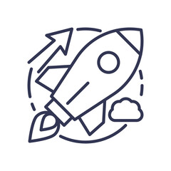 Rocket launching with upward arrow and cloud, symbolizing growth and success in MarketSurge.