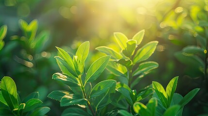 Close-up of young green foliage with sunlight filtering through at dawn. 