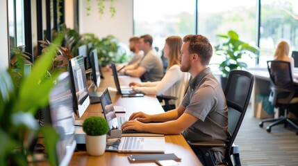 Focused diverse group of office employees working efficiently at computer desks in modern workspace with large windows