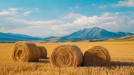 Harvested wheat bundles piled in a field, with distant mountains and a bright sky, symbol of abundance 