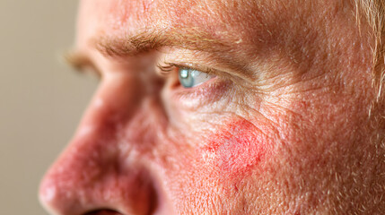 Fototapeta premium Close up face of elderly man with wrinkled and problem skin. Dermatology concept