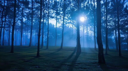 Obraz premium A foggy forest at night with a full moon casting shadows on the ground. 