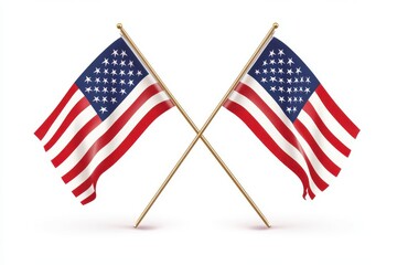Two perfectly crossed American flags standing tall, their red, white, and blue stripes prominently