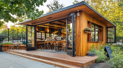 Fototapeta premium A wood-clad exterior of a small cafe, featuring fold-out windows and cozy outdoor seating areas