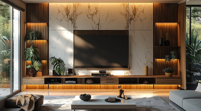 Interior design for a tv unit in modern design. Generative AI.