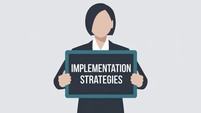 Businesswoman Holding Implementation Strategies Sign