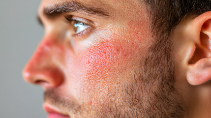 Obraz premium Close up face of young man suffering from problem skin. Acne, rosacea, dry skin. Dermatology concept
