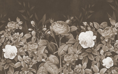 Photo wallpapers for the interior. Mural for the walls. The decor is in the grunge style. Beautiful plants and flowers. A botanical drawing.