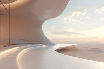 Abstract architecture, minimalistic, curved lines, white floor with desert landscape in the background, sky.