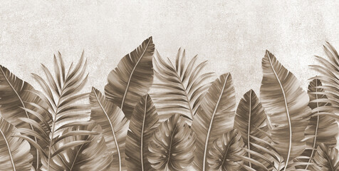 Photo wallpapers for the interior. Mural for the walls. Tropical leaves. The decor is in the grunge style.