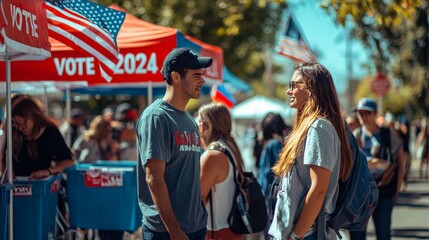 Fototapeta premium A lively scene at a 2024 U.S. election polling station, showing diverse citizens standing in line to vote