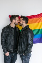 Obraz premium Gay couple standing in front of an LGBTQ+ pride flag in a studio