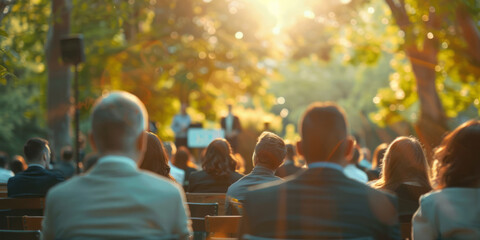 An outdoor summer conference with people watching a speaker on stage under trees.