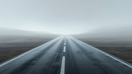 Gray Minimalist Scenery with Endless Straight Road Stretching into Distance on Gray Background